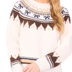 NWT CeCe Bow Fair Isle Ribbon Detail Crewneck Sweater Off White XL
